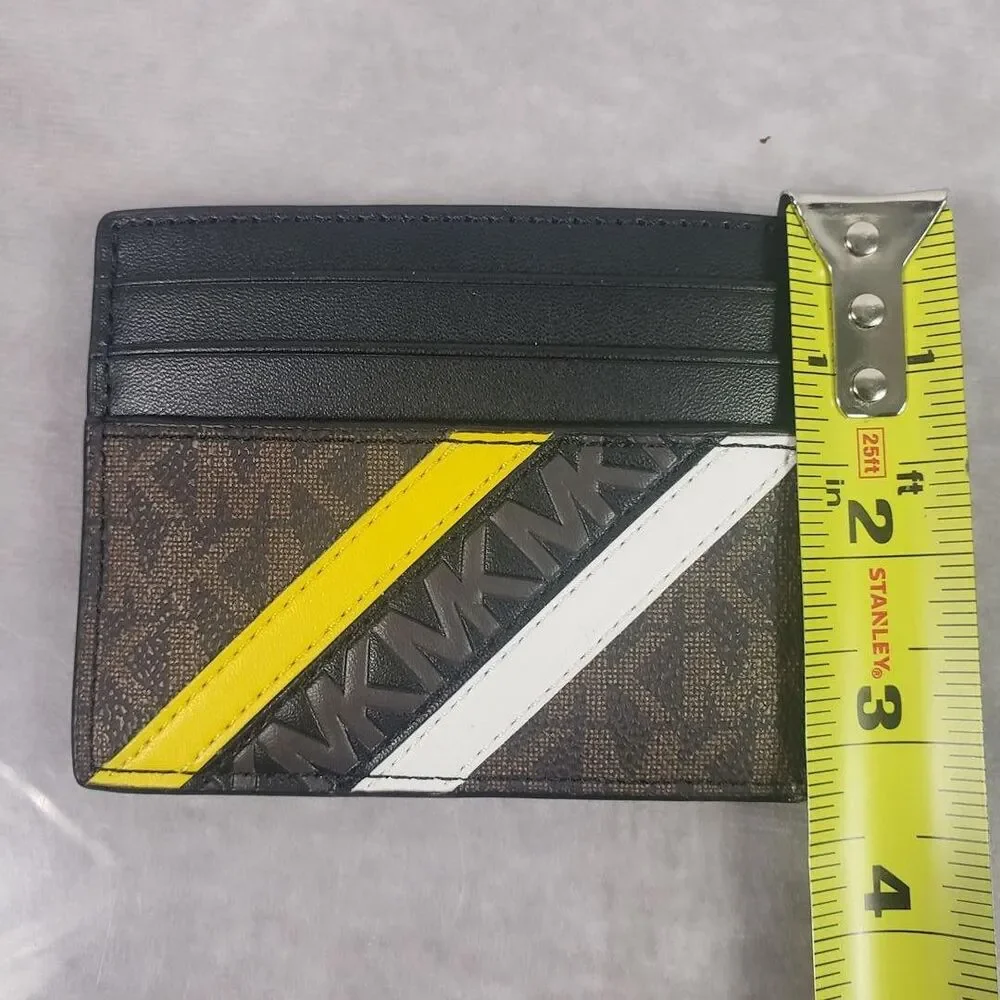 Michael Kors Card Holder Wallet Monogram Stripe Brown Black Yellow White Logo
